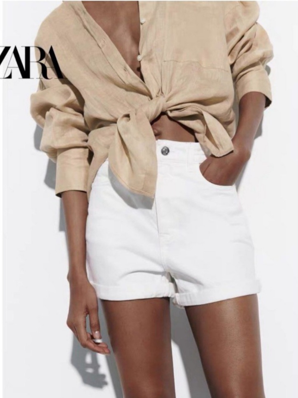 Zara Mom Fit High Rise White Jean Shorts 100% Cotton